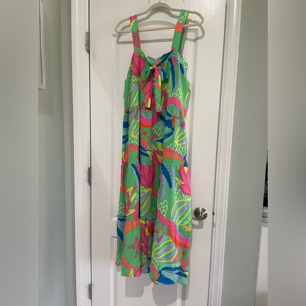 Papaya and Tulip Green and Pink Tropical Dress